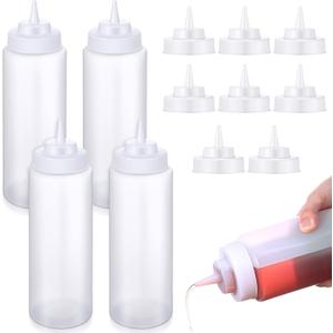 16 Pcs 32 oz Condiment Squeeze Bottle Set: 4 Bottles Body with 12 Replacement Caps, Large Clear Plastic Wide-mouth Bottles for Sauces Ketchup Condiments Kitchen Restaurant Catering
