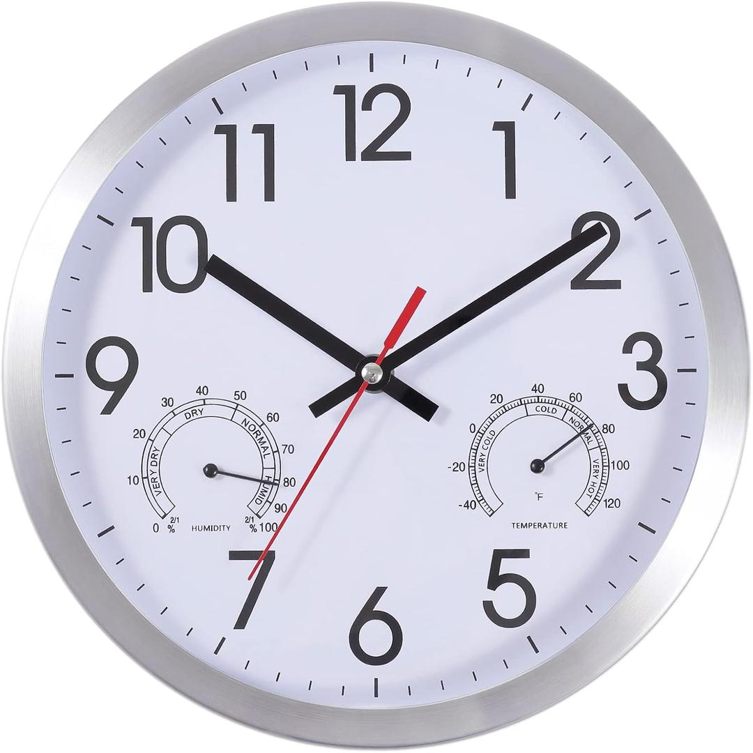 10 Inch Wall Clock with Temperature & Humidity, Aluminum Frame Wall Clocks, Sweep Silent Movement Accurate Clocks, Decorative for Kitchen Living Room Bedroom (Silver)