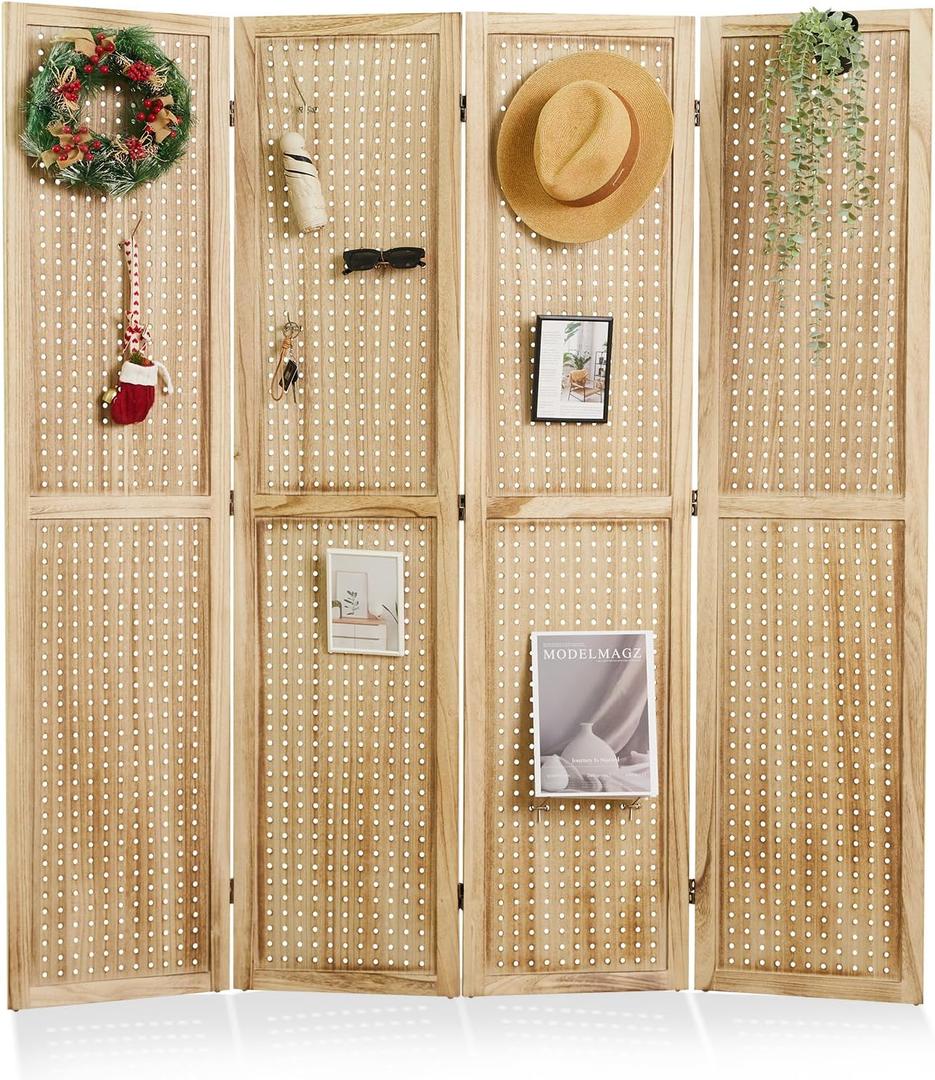 Pegboard Display, 5.6Ft Wooden Room Divider Folding Privacy Screens Portable Freestanding Wall Organizer for Retail Craft Art Display Board (4panels, Natural)