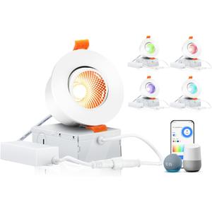 CLOUDY BAY 3inch Eyeball Smart LED Recessed Lights,Color Changing Recessed Lighting,Compatible with Alexa and Google Home Assistant,Pack of 4 (Rgbcw / Wifi)