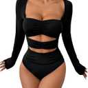 SHENHE Women's Cut Out Long Sleeve Bodysuit Dressy Ruched Party Concert Leotard Top Clubwear (Medium, Black)
