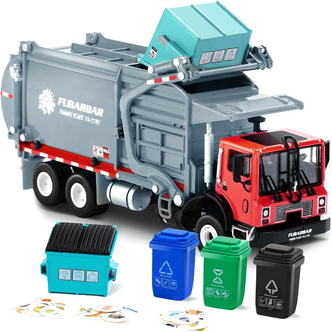 FUBARBAR Truck Toy Model 1:43 Diecast Metal Garbage Recycling Waste Transport Truck with Trash Bin, Pull Back Model Car Toy for Kids 4-6 Age Boys Birthday Gift (Grey)