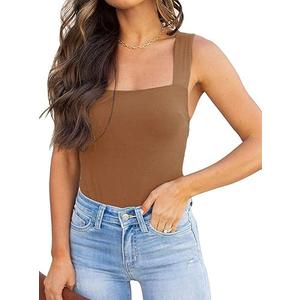 REORIA Women Tank Bodysuit Square Neck Sleeveless Tank Top Basic Slim Bodysuit for Female, S