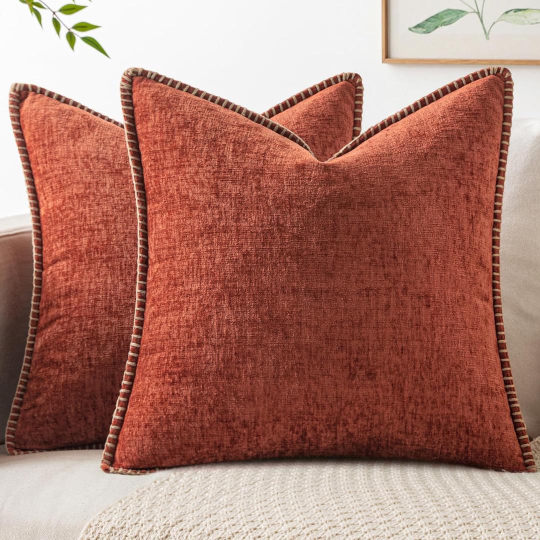 MIULEE Pack of 2 Couch Throw Pillow Covers 18x18 Inch Burnt Orange Farmhouse Decorative Pillow Covers with Stitched Edge Soft Chenille Solid Dyed Pillow Covers for Sofa Bed Living Room
