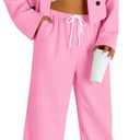 Fisoew Women's 2 Piece Outfits Casual Crop Blazer Jackets Loose Wide Leg Pants Fall Dressy Business Work Suit Sets (X-Large, Pink)