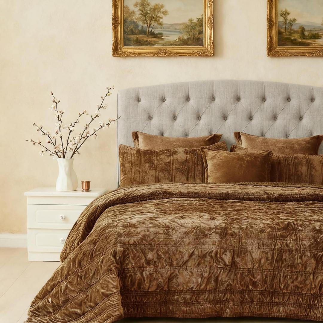3 Pieces Luxurious Velvet Oversized King Quilts Set 120x128 Ruched Bedspread Coverlet Quilted Bedding Set with 2 Pillow Shams 20x36 Ultra Soft Comforter for All Season,Caramel | Soft Microfiber, Luxury Cozy, All Season, Breathable, no pilling, for sensitive skin, Oversized King-120x120