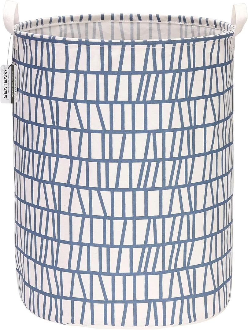 Sea Team 19.7 Inches Large Sized Waterproof Coating Ramie Cotton Fabric Folding Laundry Hamper Bucket Cylindric Burlap Canvas Storage Basket with Stylish Branch Blue Design