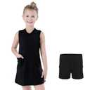 Bezioner Girls Tennis Dress with Shorts Pockets A-Line Golf Outfits Zipper Workout Athletic Dresses Sleeveless Active Dress Black 150(11-12 Years,140-150cm) (Black)