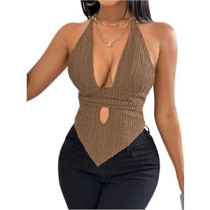 SOLY HUX Women's Deep V Neck Cut Out Halter Top Tie Backless Asymmetrical Hem Summer Tops (Plain Khaki)