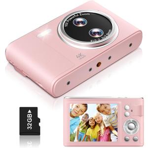 Digital Camera, 48MP FHD 1080P Point and Shoot Camera with 16x Zoom, Anti Shake Autofocus Compact Camera with 32GB Card for Kids, Beginners, Teens, Pink