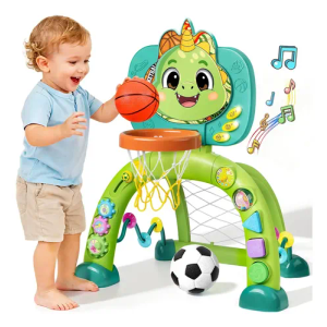 Toddler Basketball Hoop & Soccer Goal, 2 in 1 Dinosaur Activity Center Toys with Sound Music, Indoor & Outdoor Sport Toys Birthday Gifts for Baby Boys Girls