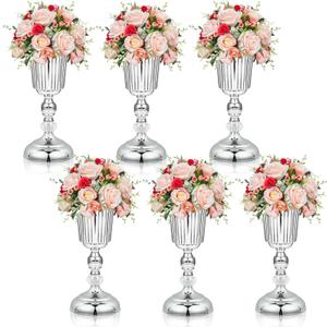 11.6 inches Metal Wedding Flower Trumpet Stripe Vases Table Centerpieces for Artificial Flower,Arrangements Anniversary Celebration/Wedding/Party/Birthday Event Aisle Home Decor (Silver, 6pcs)