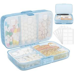 FYY Weekly Pill Organizer with Labels,8 Compartments Travel Daily Pill Case Airtight Moistureproof Large Pill Box to Hold Vitamins, Fish Oil, Supplements,Cotton Swab and Bandages-Blue