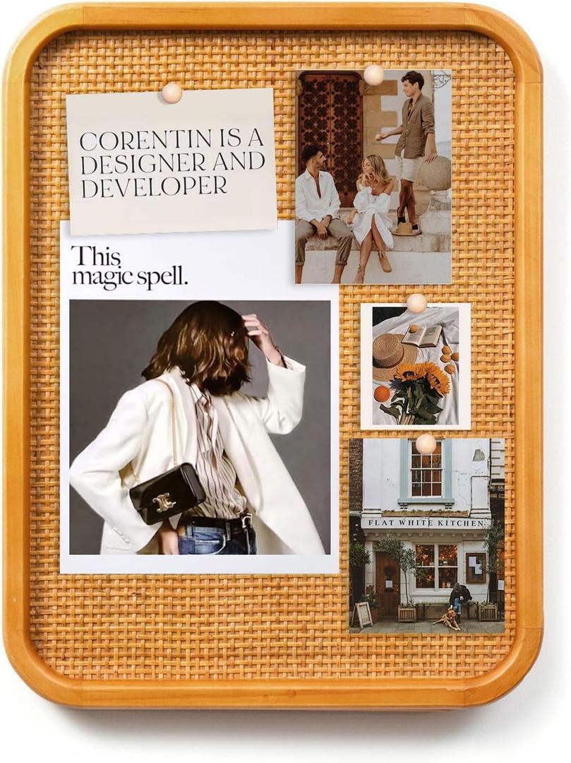 Rattan Bulletin Board with Wooden Frame,13"x17"Cork Board for Walls,Notes & Vision Boards, Wall-Mounted Decorative Cork Board for Home Office & Bedroom