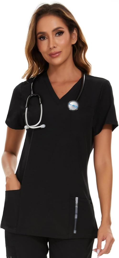COZYFIT Scrub V-Neck Tops for Women, Soft Stretch Women's Tops Easy Care with 3 Pockets, Size S, Black