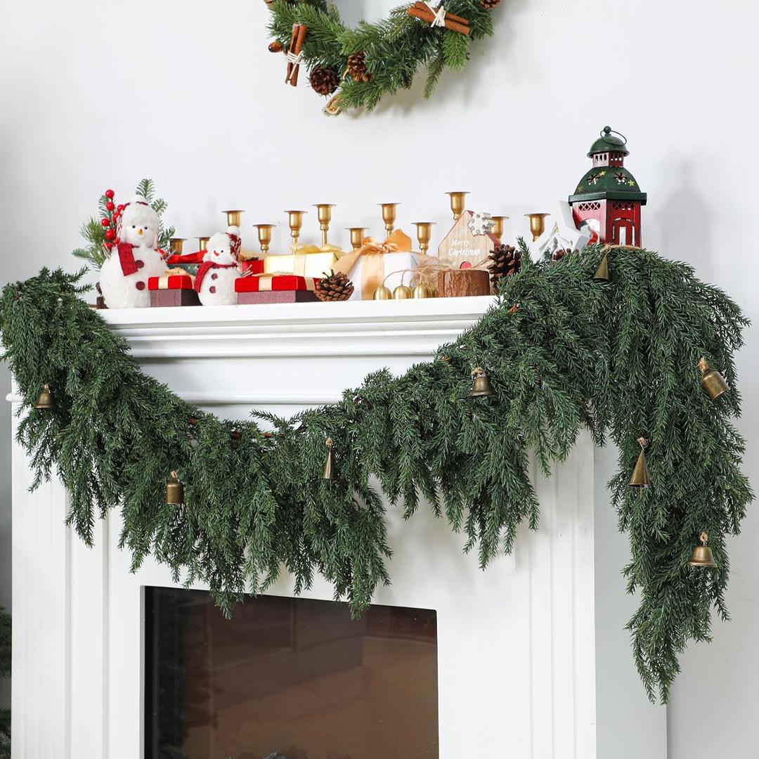 Giegxin 6 ft Vintage Christmas Decoration Norfolk Pine Garland with Cowbells Real Touch Evergreen Artificial Pine Garlands for Christmas Home Table Centerpieces Mantel Fireplace Winter Xmas Decor