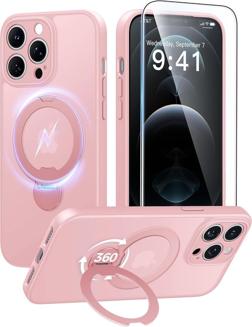 FNTCASE for iPhone 12 Pro-Max Case: [360 Spin Magnetic Stand] [Compatible with Magsafe] [Screen Protector] Translucent Matte Military Grade Shockproof Full Camera Protective Phone Cover - Pink