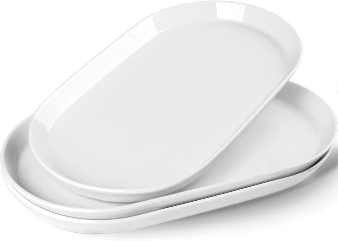14" Oval Serving Platter - Ceramic Large Serving Platters, Oval Serving Plates For Entertaining, Party Serving Trays Oven Safe, Set of 2, White