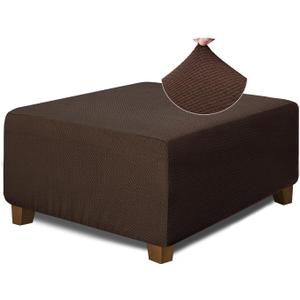 NeColorLife Square Ottoman Cover Jacquard Fabric Thick Stretchable Slipcover for Oversized Square Ottoman Furniture Protector,X-Large,Brown