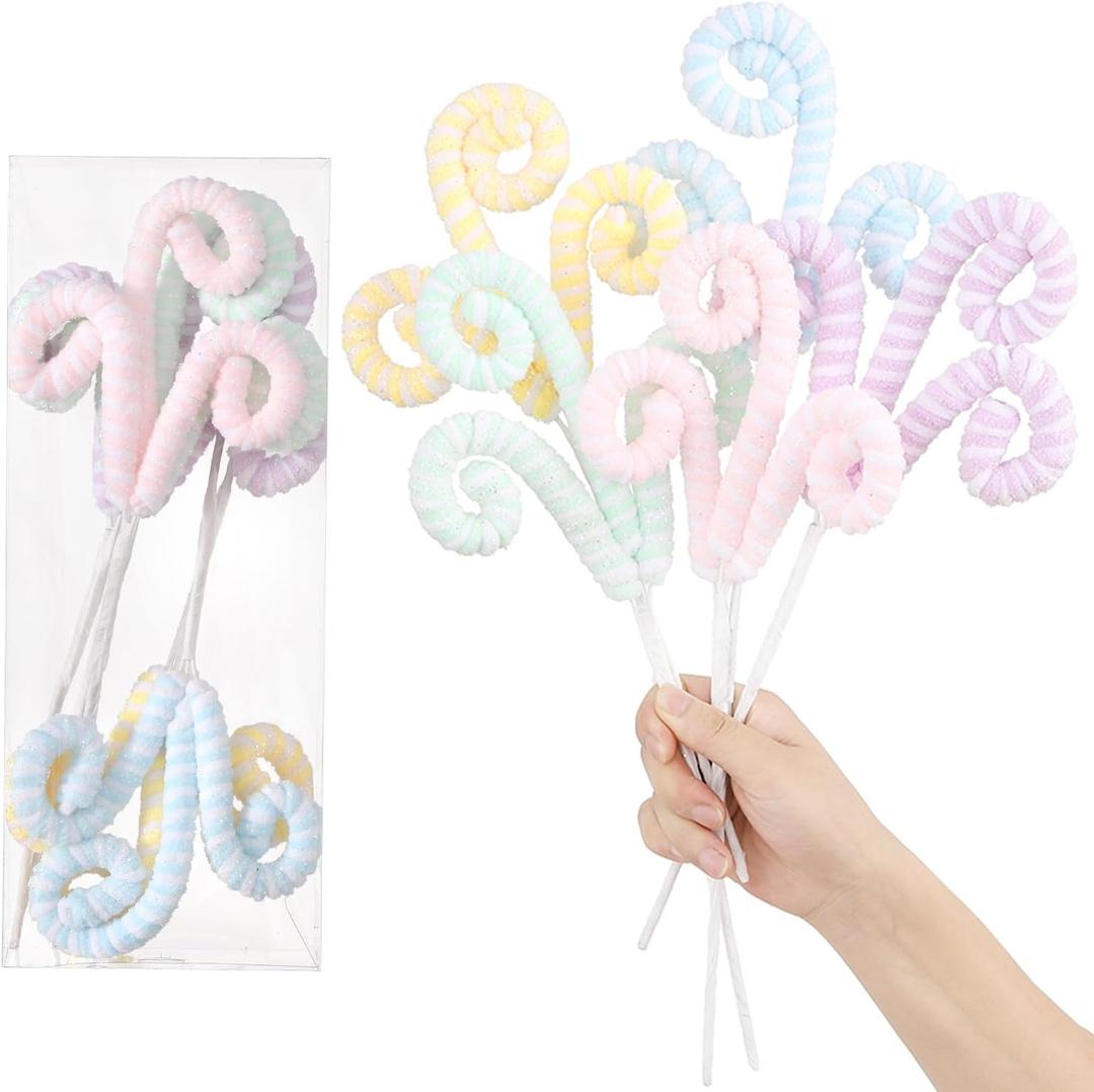 5Pcs Pastel Christmas Tree Picks, 14.5 Inch Glitter Candy-Shaped Curly Ornaments for Xmas Tree Topper, Wreath, Vase, Garland Home Holiday Decor (Style 3)