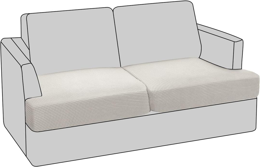 PrinceDeco 2 Piece Loveseat Sofa Slipcovers for T Cushion Couch Cover T Shaped 2 Cushion Couch Sofa Seat Cover with Elastic Bottom Pets Friendly Jacquard Small Checked,Ivory