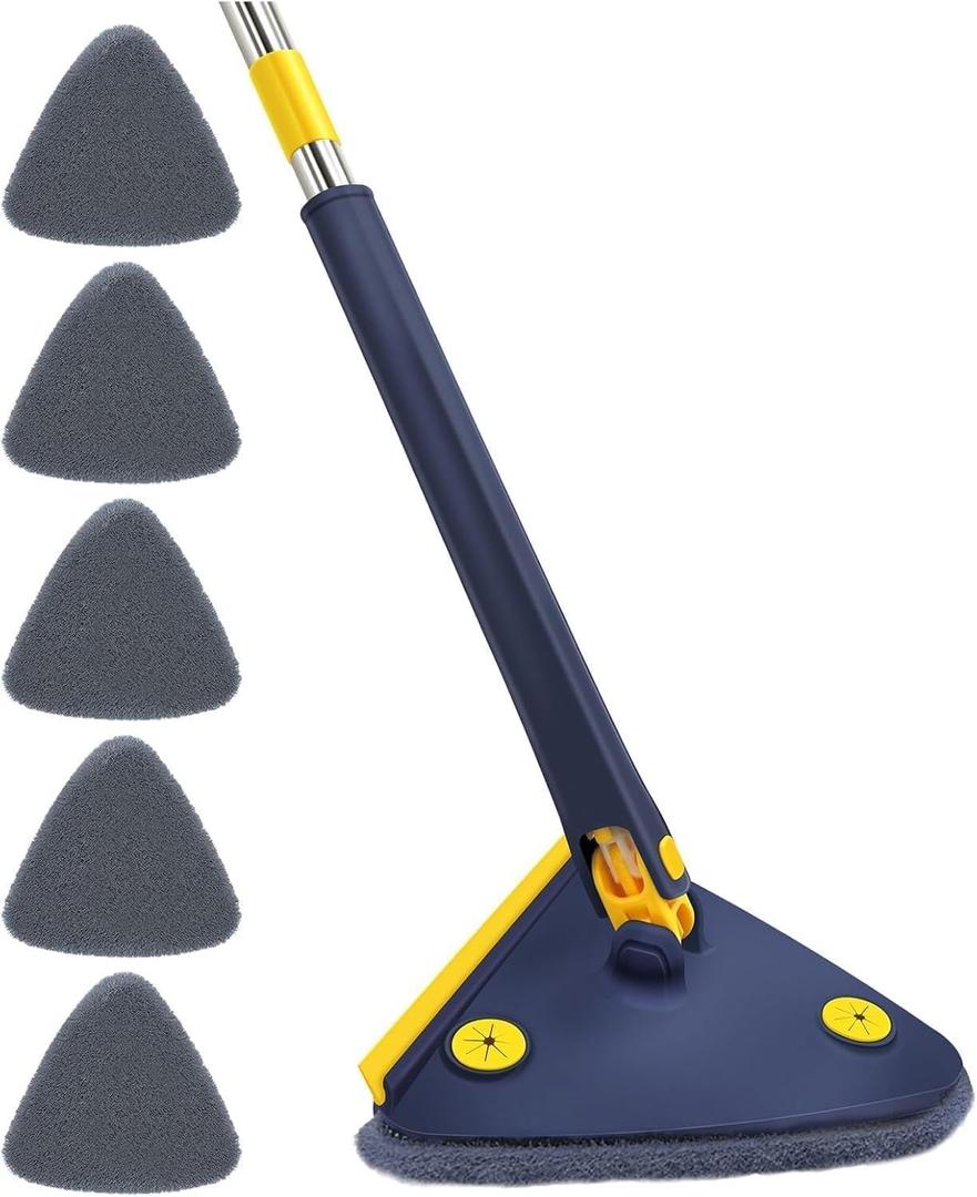 360 Rotatable Adjustable Cleaning Mop, Improved New Triangle Cleaning Mop with Automatic Water Squeezing Function Telescopic Spin Mop for Home Floor/Window/Wall (Blue-with 5 Mop Heads)
