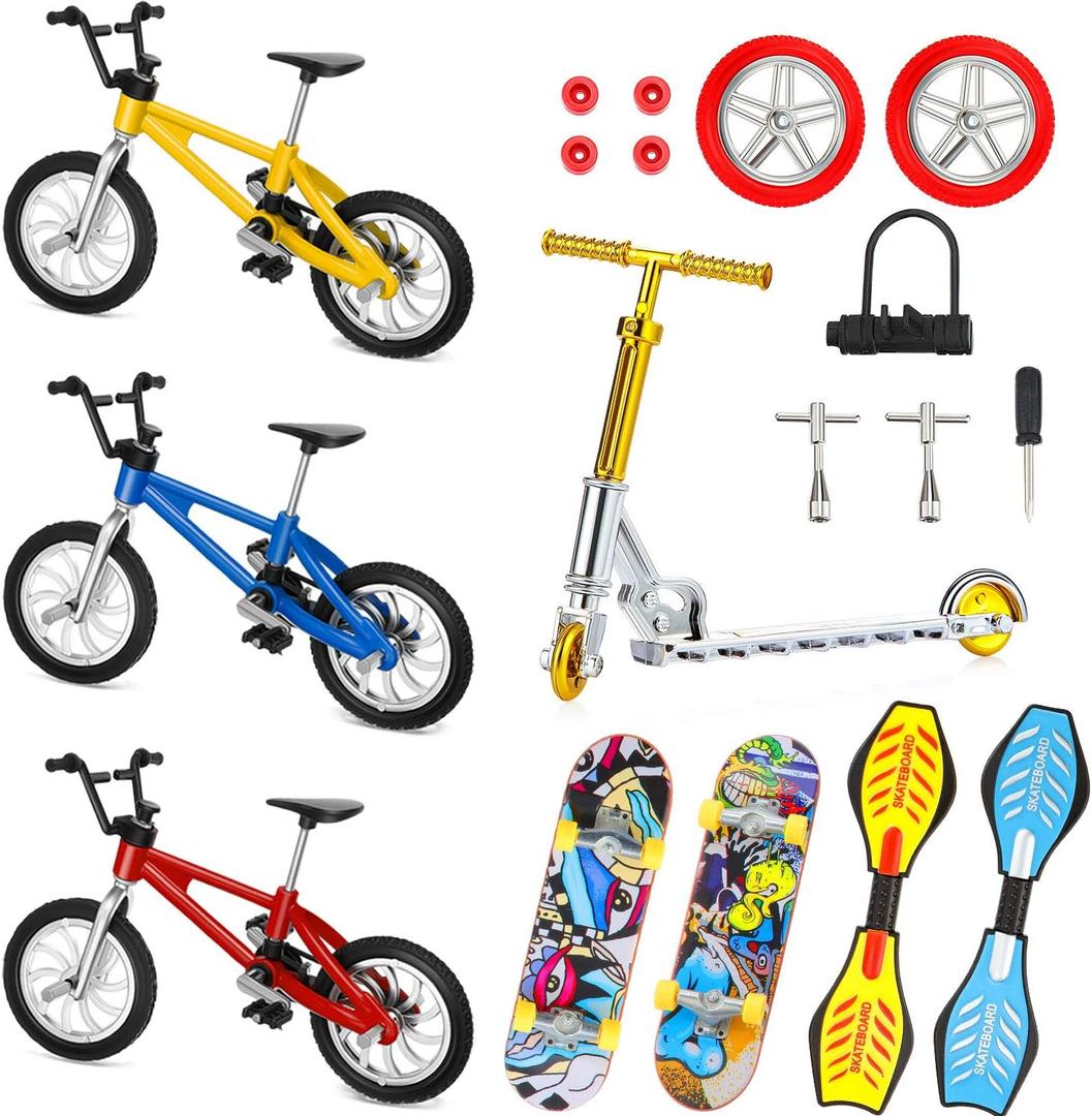 Sumind 18 Pcs Mini Finger Toys Set Includes Finger Skateboards, Bikes, Mini Scooters and Matched Wheels and Tools Accessories Fingertip Movement Educational Toys for Christmas Kids Gifts Party Favors
