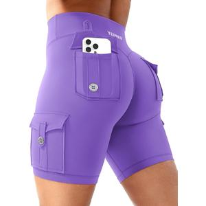 YEOREO CoreFlex Women Workout Biker Shorts with Cargo Pockets Hidden Scrunch High Waisted 8" Inseam Gym Shorts, Medium