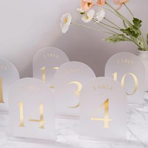 UNIQOOO Frosted Arch Wedding Table Numbers with Stands 1-30, Gold Foil Printed 5x7 Acrylic Display Signs and Holders, Pack of 30, Perfect for Centerpiece, Reception, Decoration, Party, Anniversary, Event