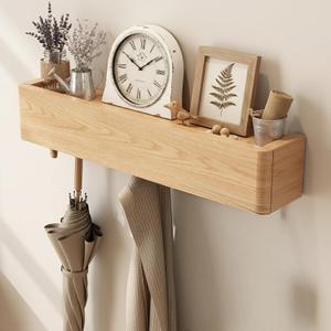 CycleCrew Solid Wood Wall Mounted Coat Rack with Shelf Hooks - Modern Floating Shelves with 5 Hidden Hooks, Heavy Duty Entryway Coat Key Holder Hanger for Hallway Bathroom Bedroom Home Decor
