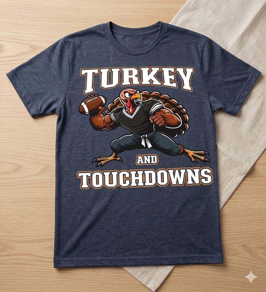 Thanksgiving Football Turkey & Touchdowns Game Day T-Shirt, XL