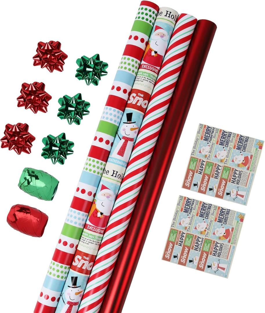 LaRibbons Christmas Wrapping Paper Roll with Cutlines, Polka Dot & Stripe Design with Gift Bow & Ribbons & Tags, Perfect for Christmas, Holiday Party, 30 Inch X 10 Feet (4Rolls, 100 sq.ft.ttl.)