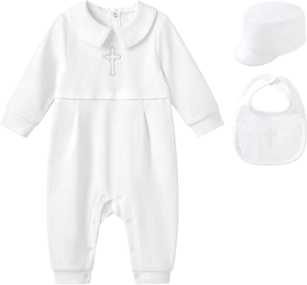 pureborn Unisex Baby Jumpsuit Infant Boys Girls Cotton Spring Fall Romper One-Piece Coverall Baptism Outfit White 0-24 Months (12-18 Months, White-silver Cross 3pcs)