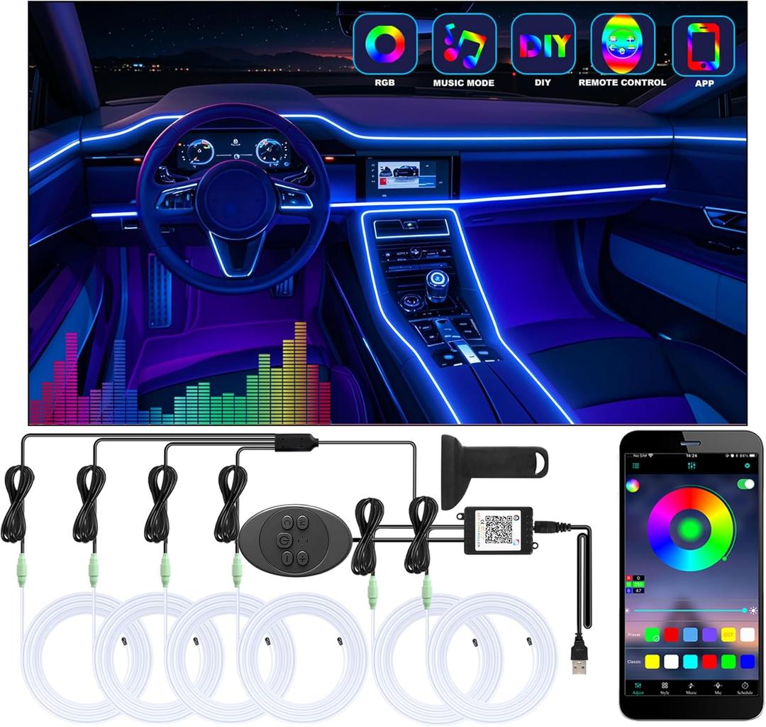 6 in 1 Car Led Strip Lights with App Control, RGB Colors Interior Car Lights, Ambient Led Lighting Kit, 4 Light Flashing Modes, USB Neon Accessories for Doors, Center Console