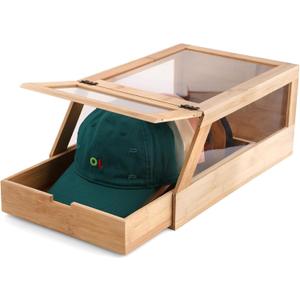 Wood Hat Organizer for Baseball Caps, Stackable Storage Box with Clear Lid, Pull-Out Drawer, Fits 12 Hats