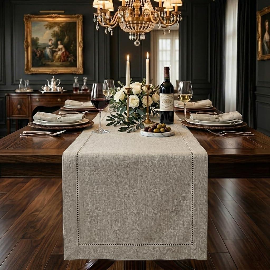 Signature Linen by D'Moksha Natural Table Runner 72 Inches Long, 100% Pure Linen, Hemstitch, 14 x 72 Inch Table Runner for Dresser, Dining- Spring, Summer