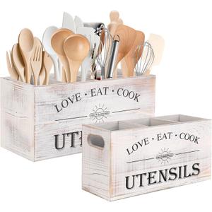 2 Pack Utensil Holder, 6.7"+6.18" Wooden Utensil Holder for Kitchen Countertop, Large Wood Utensil Organizer with Partition for Silverware and Cooking Storage, Farmhouse Kitchen Decor