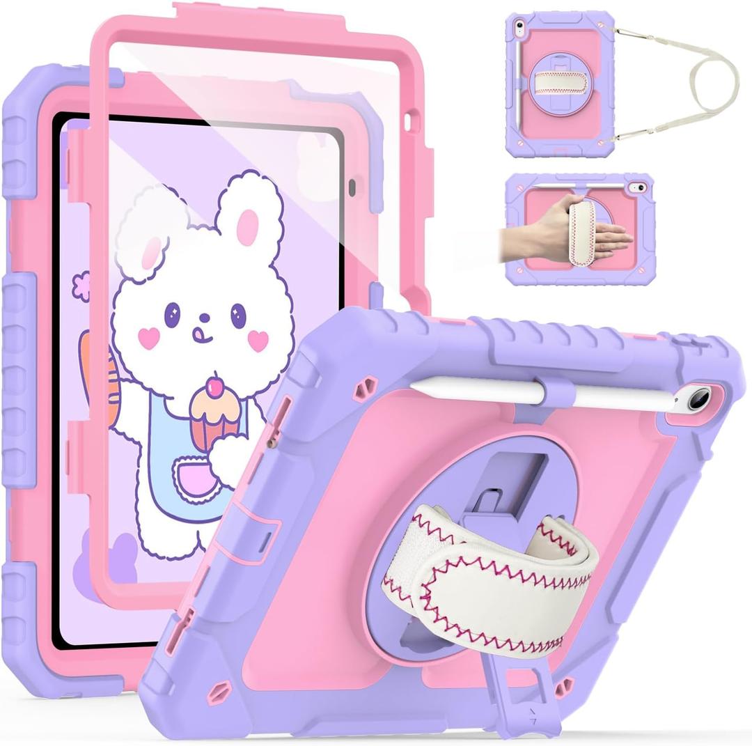Cantis Case for iPad 11-inch (A16) 2025/ iPad 10th Generation 2022 (10.9 inch) with Screen Protector, 11th Case with 360 Degree Rotating Stand/Shoulder Strap/Pencil Holder, Light Purple+Pink