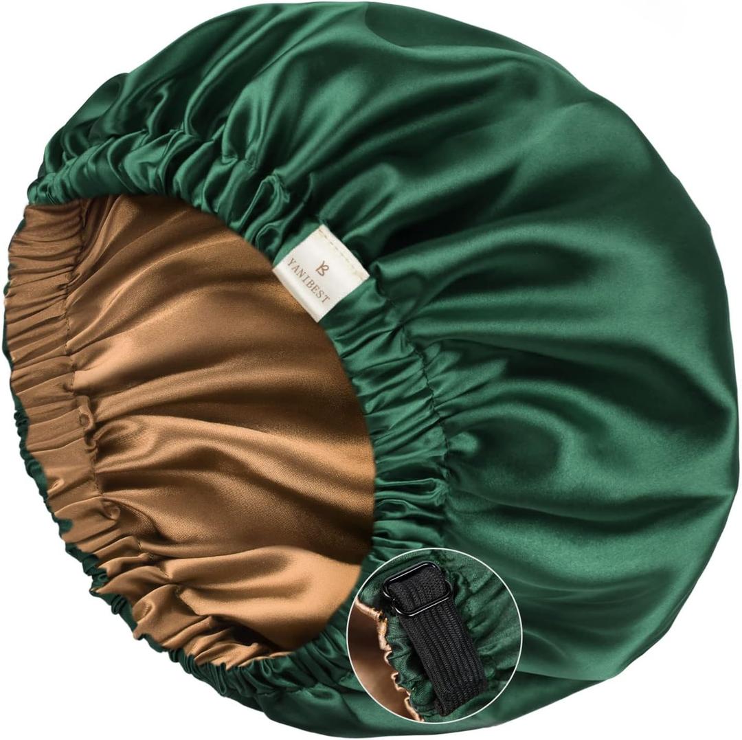 YANIBEST Silk Bonnet Satin Bonnet for Sleeping Women Men, Adjustable Double Layer Hair Bonnet for Curly Braids Reduce Frizz (Large, Dark Green)