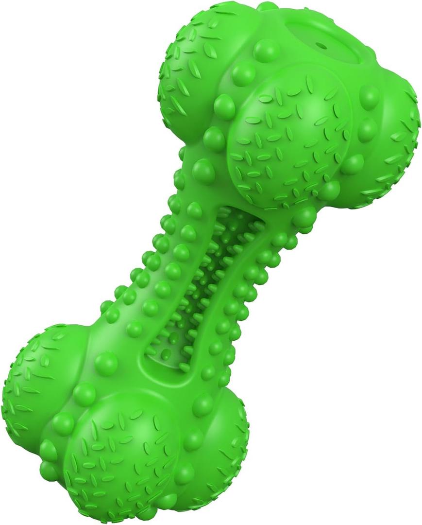 SCHITEC Squeaky Dog Chew Toy for Aggressive Chewers Large Breed, Tough Interactive Teething Rubber Bone for Big Medium Dogs (Green)