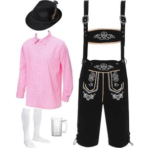Toulite German Oktoberfest Costume Set Men Lederhosen Outfit Plaid Shirt Bavarian Hat Socks Beer Mug for Festival 2XL
