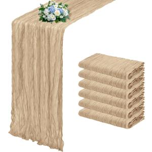 6 Pack Beige Cheesecloth Table Runner 17x108 Inch Semi Sheer Boho Gauze Cheese Cloth Fabric Table Runners, for Wedding Party Baby Shower Birthday Home Decor Garden Farmhouse