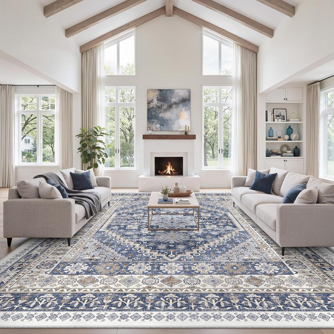 zesthome 10x14 Area Rugs,Stain Resistant Washable Rug,Ultra-Thin Rugs for Living Room,Bedroom,Non-Slip Backing Home Decor Large Area Rug (Blue/Beige,10'x14')