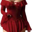 Sexy Lingerie for Women Rave Outfits Clubwear See Through Lingerie Sets Bell Sleeve Ruffle Mesh Tops (XX-Large, Wine Red)