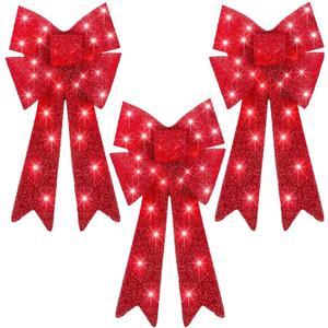 Set of 3 Red Bows Pre-Lit Christmas Bow Decoration Big LED Christmas Bows for Holiday Indoor Outdoor Home Decor w/ 30 Lights, Outdoor Battery Box,Timer, 8 Modes