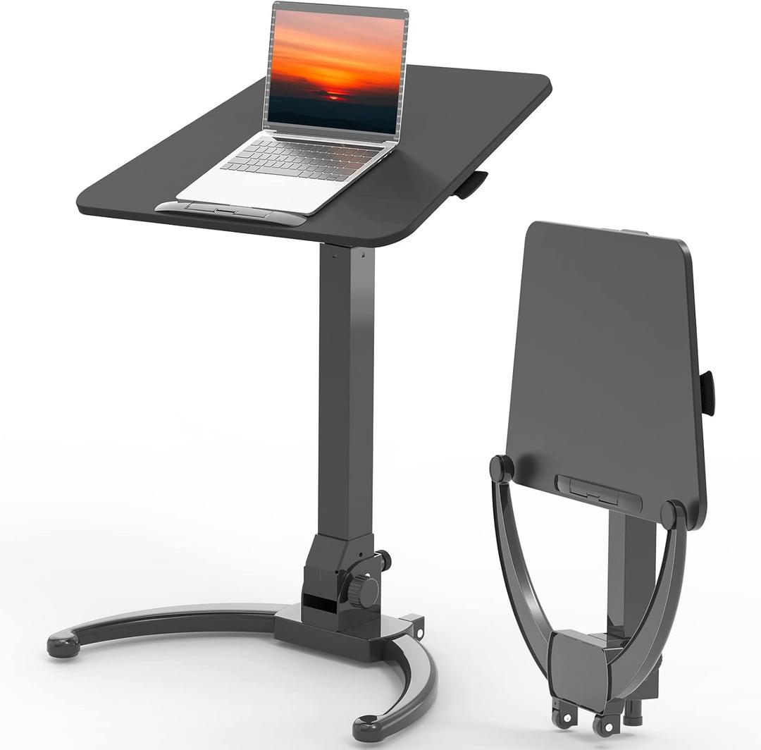 JOY worker Foldable Mobile Standing Desk, Height Adjustable Sit Stand Desk, 90 Tiltable Rolling Laptop Table, Portable Workstation with Non-Slip Mat for Home Office, Holds Up to 22lbs, Black, Height range:29.9-44.9"