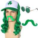 Morvally Green Mullet Hair Hat Wigs for Adult Men St Patrick's Days Costume with Glasses and Mustache