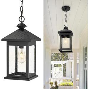 Emliviar 18.3 Inch Outdoor Pendant Light for Patio, Exterior Metal Hanging Light with Seeded Glass, Black Finish, DE280HM BK (Large - 1 Pack)