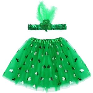 2Pcs St. Patrick's Day Costume Accessories Set for Women Shamrock Tutu Skirt with Green Sequin Shamrock Headband