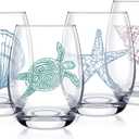 4 PCS Ocean Stemless Wine Glasses-17 Oz Coastal Glassware Gifts for Beach Lovers-Sea Turtle,Seashell,Starfish,Conch Wine Cups Set for Women Men,Dishwasher Safe,Birthday,Mothers Day,Easter